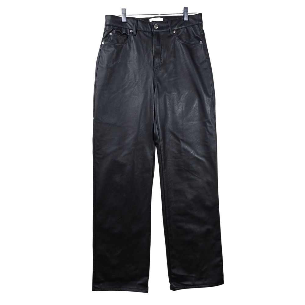 H&M Womens Black Faux Leather Straight Leg Pants Size 8 High Waisted 5 Pocket